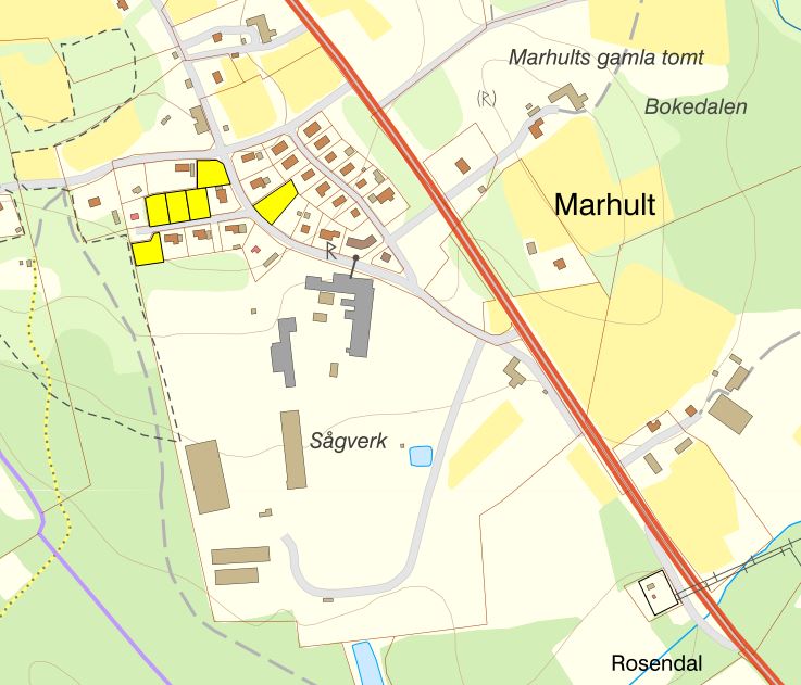 Lediga tomter för bostäder i Marhult. Karta.